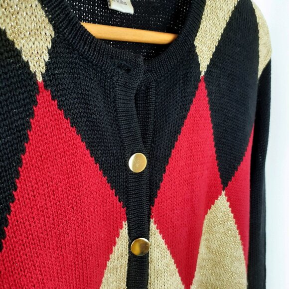 Vintage Argyle Cardigan, Size M. Red Black Gold Retro Holiday Button Up Lisa J - Picture 3 of 7